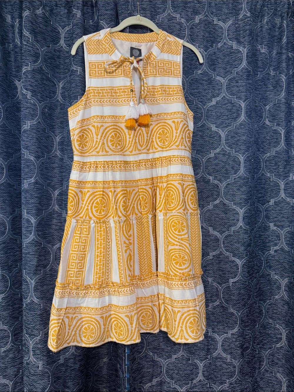 Vince Camuto White and Yellow Tassel Tie Midi Dress
